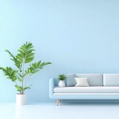 Bright and Modern Living Room with Blue Wall and Green Plant