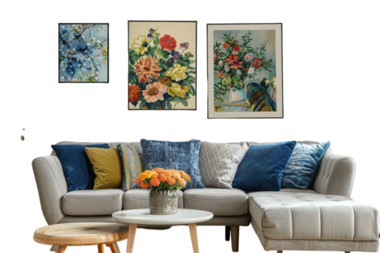 Bright and cheerful living room adorned with vibrant floral artwork, cozy sofa, and a touch of greenery in a modern setting isolated on transparent background