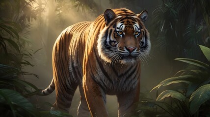 Obraz premium Powerful Tiger in Dense Jungle with Sunlight Beams - Realistic Wildlife Illustration
