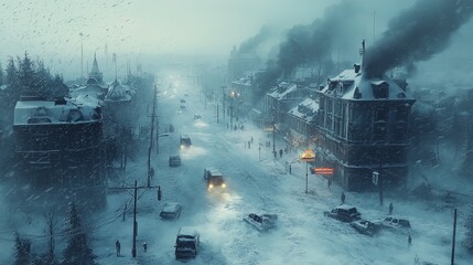 A powerful snowstorm burying a town under thick layers of snow, with stranded vehicles