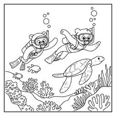 Animals Scuba Diving Coloring Pages for Kids and Adults