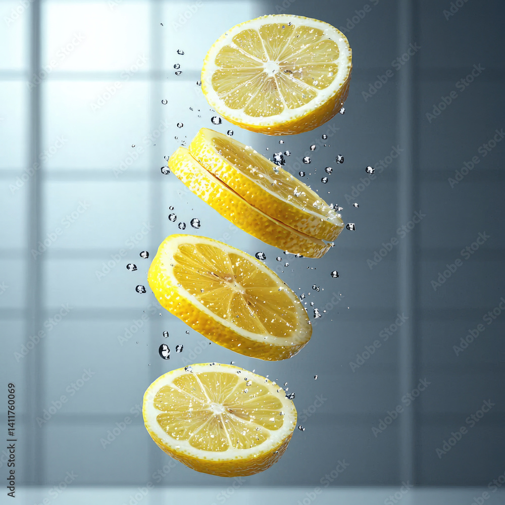 Poster fresh lemon slices floating water droplets create refreshing and vibrant scene. bright yellow color 