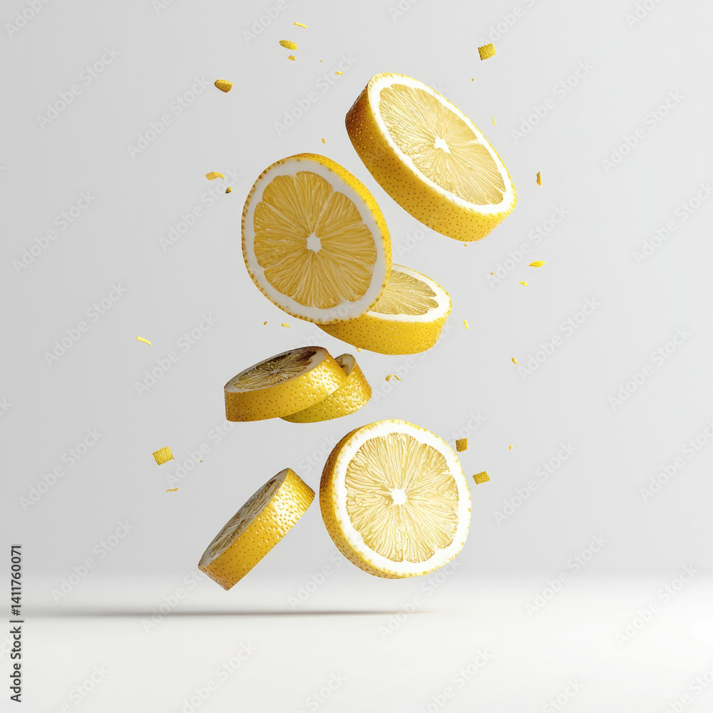 Poster Fresh lemon slices float gracefully in air, surrounded by tiny yellow particles, creating vibrant and refreshing visual. This captures essence of citrus and zest
