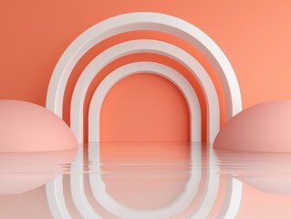 Fototapeta premium Futuristic Abstract Scene with White Arches and Rounded Shapes Reflecting on a Calm Orange Background