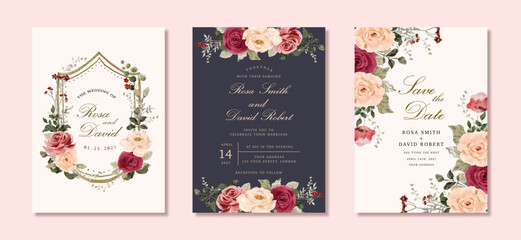 wedding invitation set with romantic floral watercolor frame