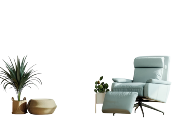 A serene, softly lit living room featuring a modern recliner and greenery, inviting relaxation and calm in a contemporary space isolated on transparent background