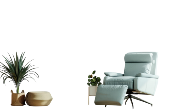 A serene, softly lit living room featuring a modern recliner and greenery, inviting relaxation and calm in a contemporary space isolated on transparent background