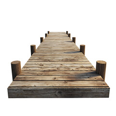 Obraz premium Realistic wooden dock with weathered planks and posts extending into perspective on a clean isolated transparent background