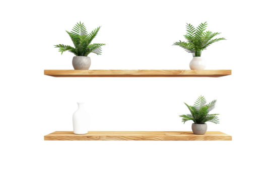 Stylish wooden shelves adorned with ferns and a decorative vase enhancing modern home decor in a serene living space isolated on transparent background