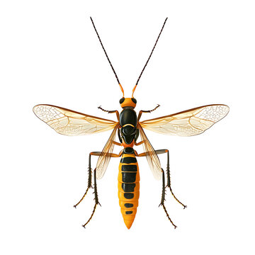 Highly detailed illustration of a parasitic ichneumon wasp with wings, striped body, and long antennae on a clean transparent background