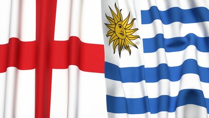 Flags of England and Uruguay with realistic cloth texture