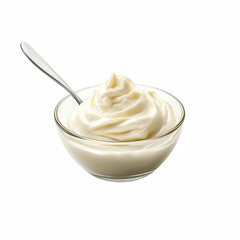 Glass bowl filled with creamy, thick plain yogurt with a silver spoon, smooth and rich texture, isolated on transparent background.