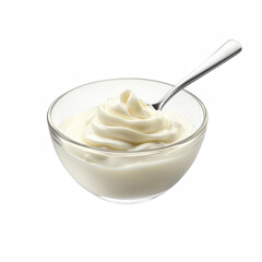 Glass bowl filled with creamy, thick plain yogurt with a silver spoon, smooth and rich texture, isolated on transparent background.