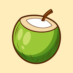 Cartoon green coconut cut open, Summer Objects  ready to drink its refreshing water