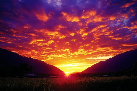 Mountain silhouettes against vivid sunset