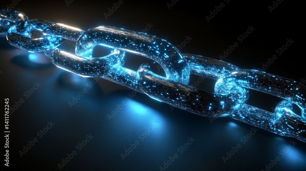 Poster futuristic blockchain technology: glowing chain links on dark background