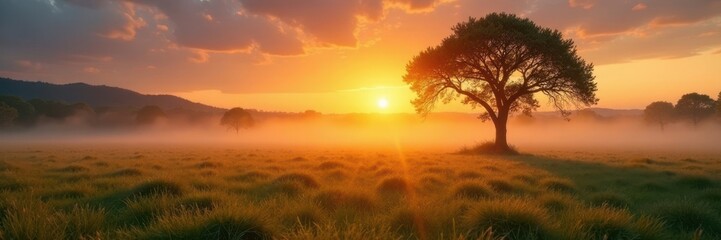Misty sunrise paints acacia trees, golden light on dew-kissed grass, serenity, Africa