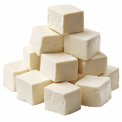 Stack of freshly cut soft white tofu cubes with smooth surfaces and light porous texture, isolated on transparent background.
