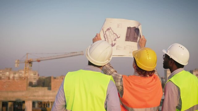 Three males construction workers in helmets and vests holding up blueprint, studying and examining at construction site in background. Men builders analyzing project plans together. Rear. Back view.