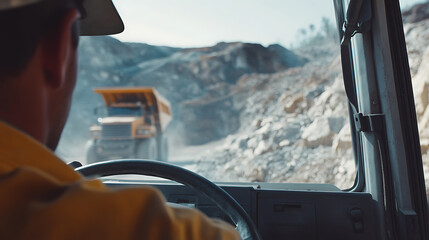 Mining laborer driving a haul truck loaded with lithium ore across the mining site. Featuring truck driving