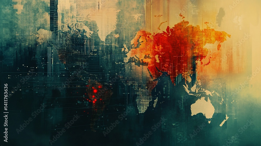 Poster abstract world map with digital overlay and highlighted regions concept