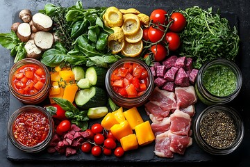 Colorful Assortment of Fresh Food Ingredients on Dark Background