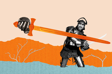 Art image creative photo collage of happy man warrior hold sword battle hand glove fight excalibur...