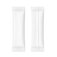 Stick mockup for collagen, powder, granulated product and etc. Front and rare views. Vector illustration isolated on white background. Can be use for template your design, presentation. EPS10.