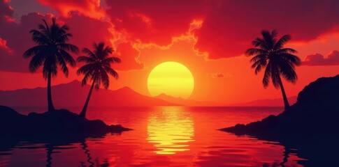 Silhouette of palm trees against fiery sunset, reflecting light on water , pink, ocean, light