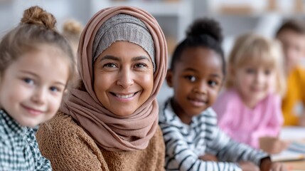Fototapeta premium A multicultural group of teachers instructing students in a classroom setting - study university lecture