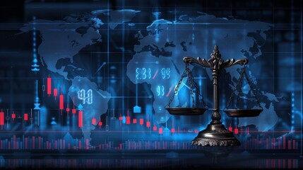 Global finance law concept featuring justice scales on world map with stock market symbols overlay
