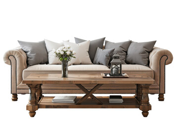 Elegant living room setup with a cozy sofa adorned with pillows and a rustic wooden coffee table showcasing beautiful decor isolated on transparent background
