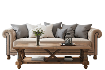 Elegant living room setup with a cozy sofa adorned with pillows and a rustic wooden coffee table showcasing beautiful decor isolated on transparent background