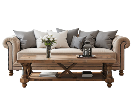 Elegant living room setup with a cozy sofa adorned with pillows and a rustic wooden coffee table showcasing beautiful decor isolated on transparent background