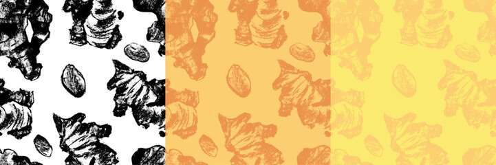 Premium seamless ginger patterns with vintage engraving style for textile design, eco-packaging, wellness branding, restaurant interiors, kitchen decor and natural product lines.