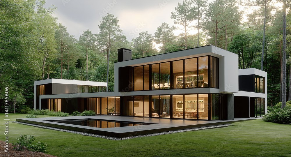 Aufkleber modern house design features large windows, sleek lines, and minimalist aesthetic, surrounded by lus