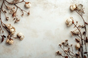 Soft cotton flowers arranged decoratively on a textured surface in natural light
