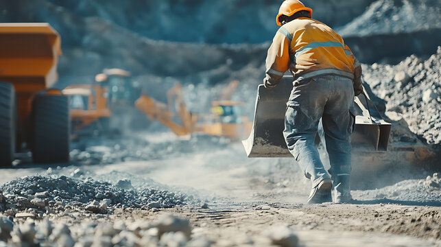 Mining laborer moving extracted lithium ore from the excavation site to the processing plant. Featuring ore transport