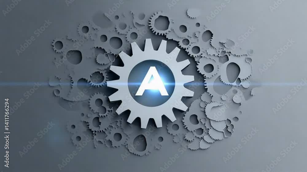 Poster abstract composition of gears forming a letter a on a textured gray background for creative design a