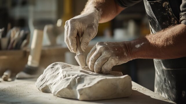 Sculptor chiseling fine details into a marble statue. Featuring craftsmanship and artistic mastery