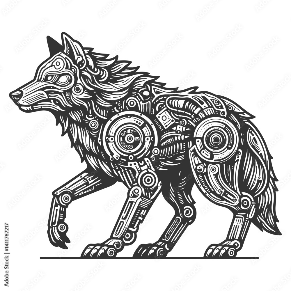 Poster wolf head with mechanical gears and steampunk elements, symbolizing technology and nature sketch eng