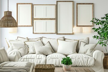 Cozy living room with plush white sofa adorned with cushions, complemented by warm lighting and a touch of greenery in a modern space isolated on transparent background