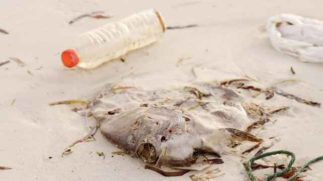 dead fish on beach, plastic water bottle and bag pollution, maggots feeding on decaying animal flesh