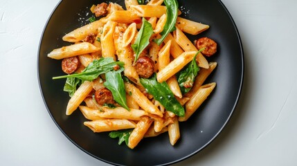 A vibrant plate of penne pasta mixed with slices of sausage and fresh arugula, garnished with herbs and spices.