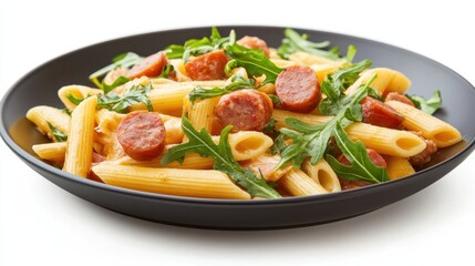 A vibrant plate of penne pasta mixed with slices of sausage and fresh arugula, garnished with herbs and spices.