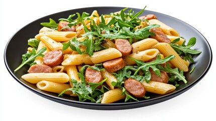 A vibrant plate of penne pasta mixed with slices of sausage and fresh arugula, garnished with herbs and spices.