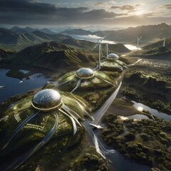 Naklejka premium An innovative digital design merging high-tech corporate imagery with symbols of renewable energy and eco-resilience. 