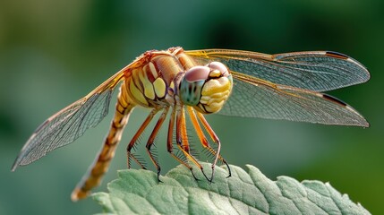 A colorful dragonfly rests on a green leaf in nature