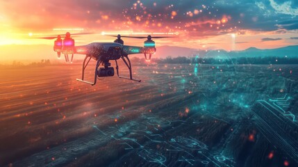 AI-powered drones fly over vast agricultural fields, lit with sensors and lights, capturing high-res images and real-time topographic maps. Digital painting.

