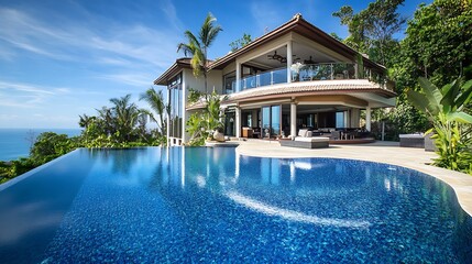 Fototapeta premium Luxury Home with Infinity Pool Overlooking Ocean View